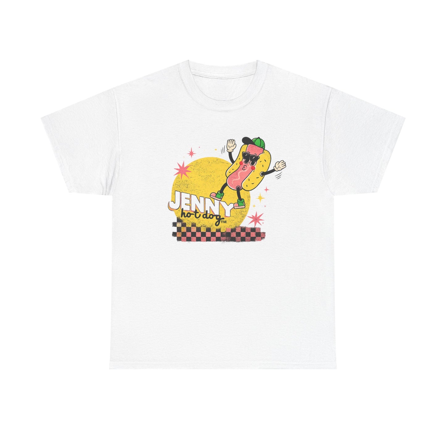 Jenny Hot Dog Character Tee | Retro Checkerboard Pop Art Design