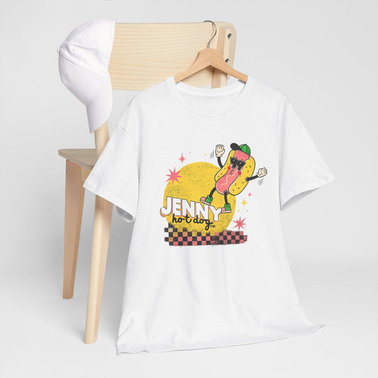 Jenny Hot Dog Character Tee | Retro Checkerboard Pop Art Design