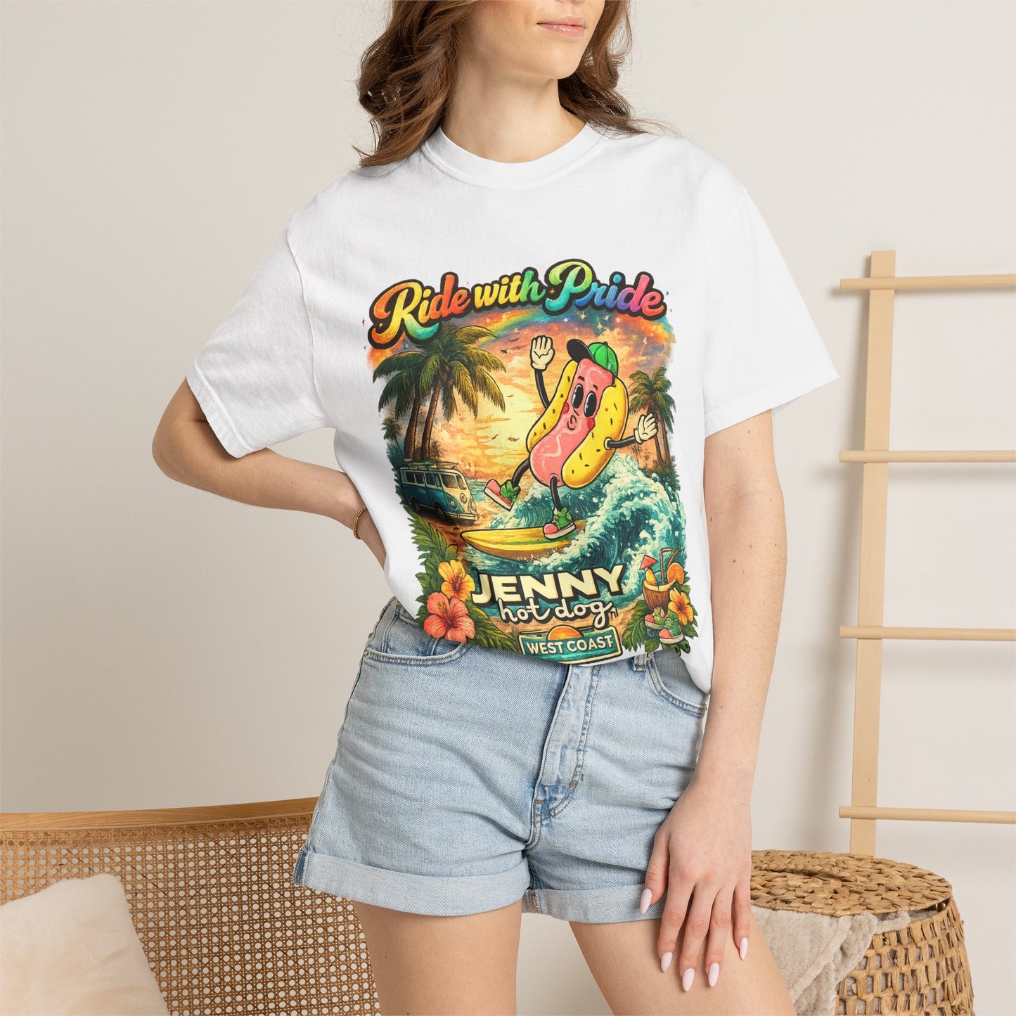 Ride With Pride Hot Dog T-Shirt — Jenny Hot Dogs Beach Surf Vintage Tee