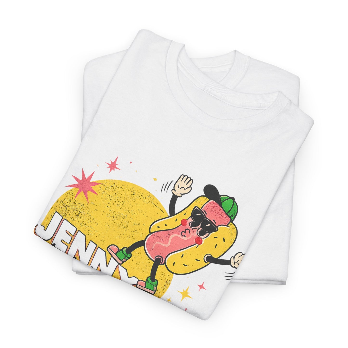 Jenny Hot Dog Character Tee | Retro Checkerboard Pop Art Design