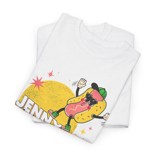Jenny Hot Dog Character Tee | Retro Checkerboard Pop Art Design